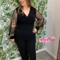 Black wide leg trouser with rose gold sequin top