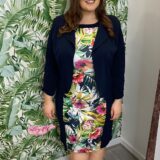 Flower Hourglass dress with cropped navy jacket