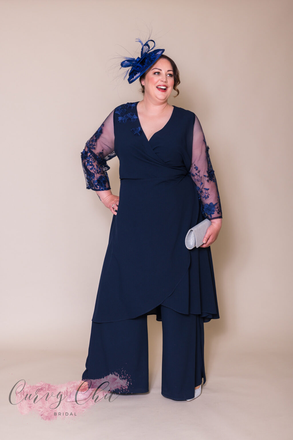 Venice Plus size Mother of the bride groom trouser suit with sleeves trendy Navy