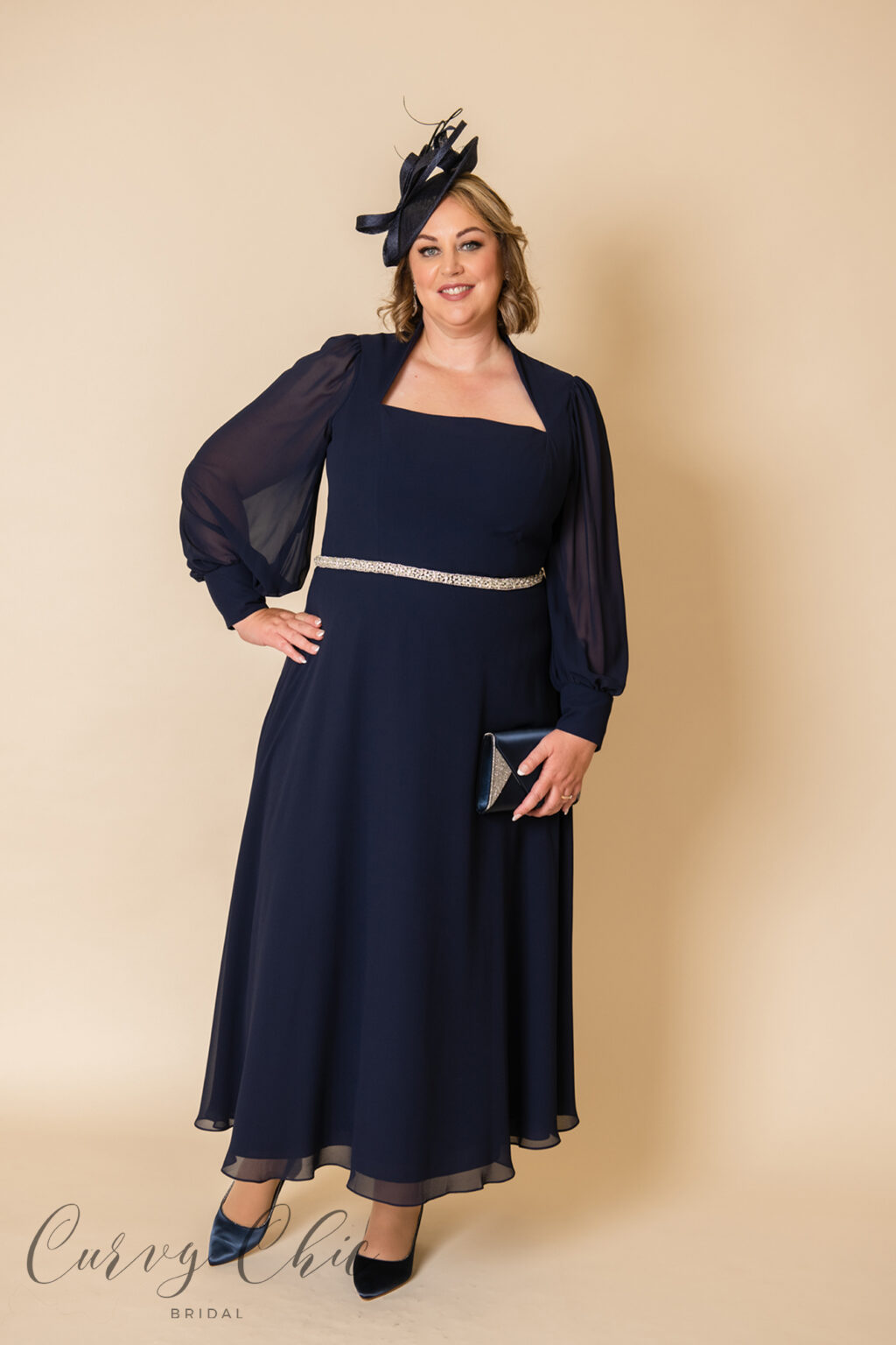 29708 navy plus size mother of the bride dress with belted detail and full length-front-3
