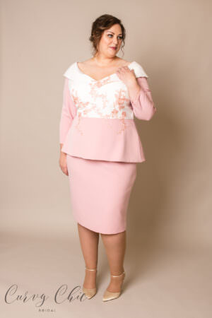 DU4391 Blush & Ivory plus size mother of the bride dress with sleeves fitted