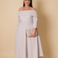 29668C-T plus size mother of the bride off the shoulder style midi length dress in taupe with pockets and bow detail
