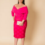 29710A punch off the shoulder style mother of the bride midi length plus size dress Front