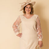 Belle Dress champagne blossom lace midi length plus size mother of the bride dress close