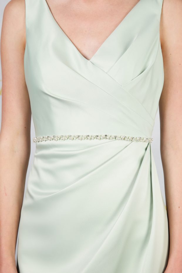Classic Satin Dress with Pearl Waist Detail close detail