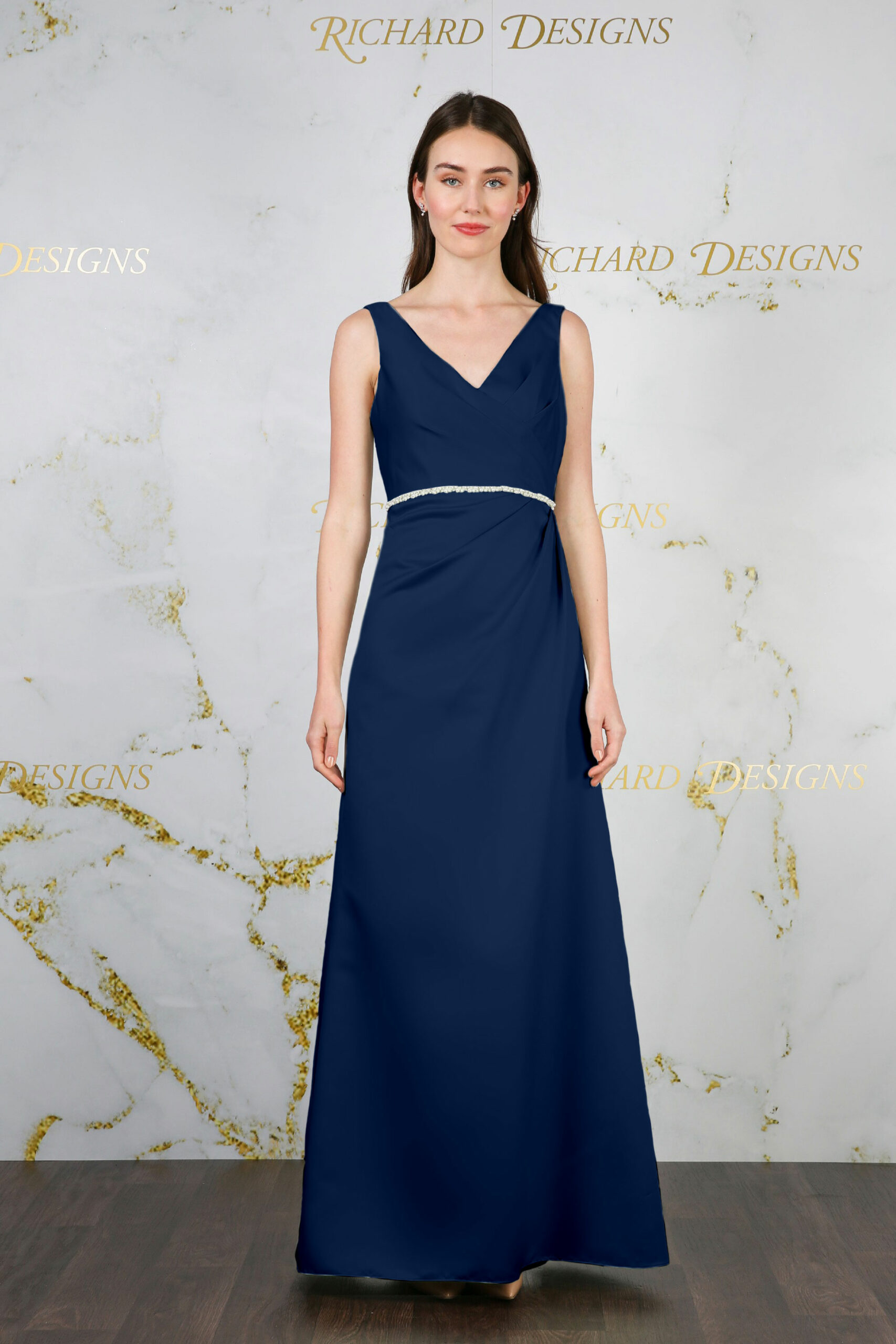 Classic Satin Dress with Pearl Waist Detail navy
