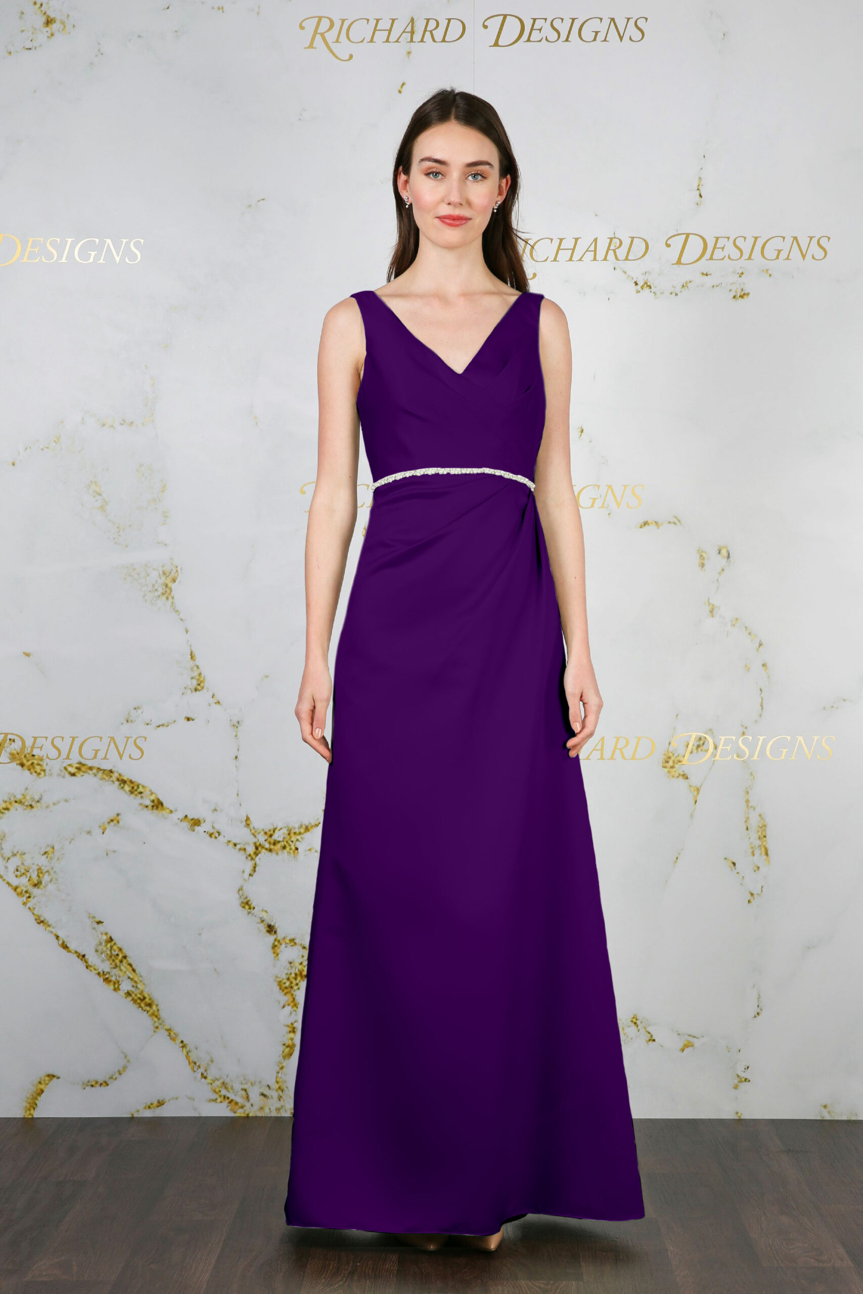 Classic Satin Dress with Pearl Waist Detail purple