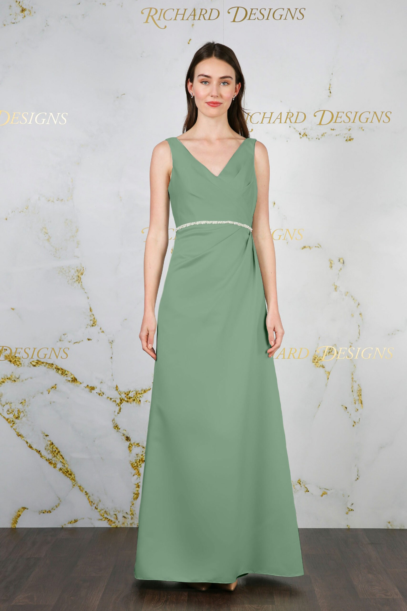Classic Satin Dress with Pearl Waist Detail sage